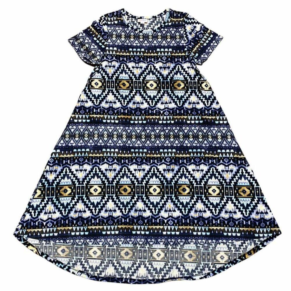 NEW LuLaRoe Carly M Blue White Aztec Striped Swing Dress High Low Flowy